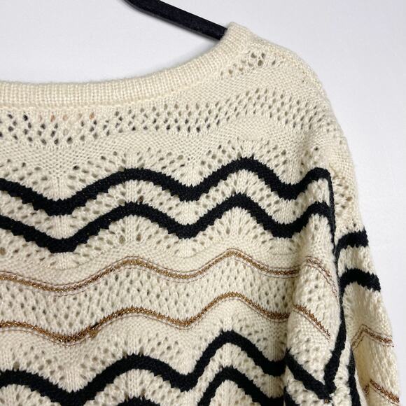 New Skies Are Blue Medium M Cream Black Gold Chevron Striped Open Knit Sweater - Picture 10 of 10
